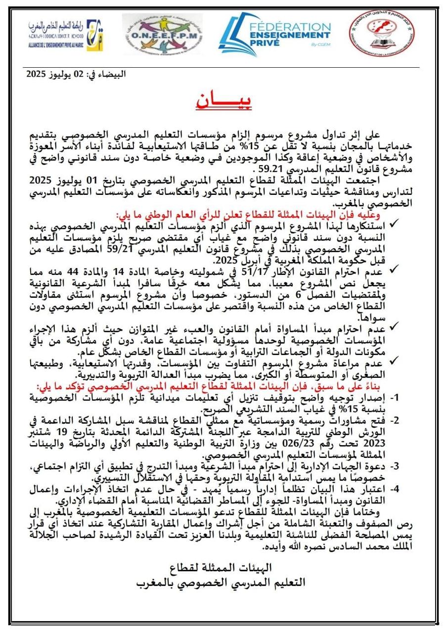الهيئات الممثلة لقطاع التعليم المدرسي الخصوصي ترفض مرسوما حكوميا وتلوح باللجوء إلى القضاء …